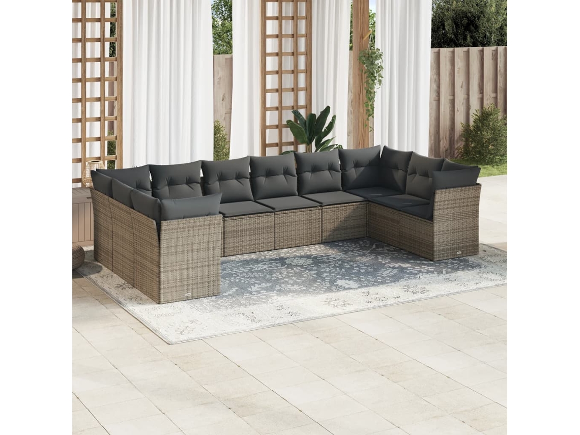 Vidaxl 10 Pcs Conjunto Sofás De Jardim C/ Almofadões Vime Pe Cinzento