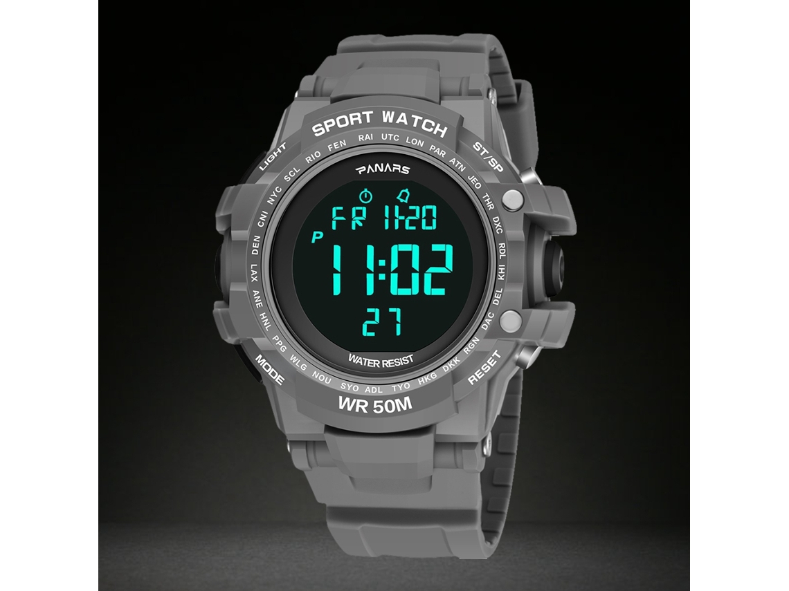 Relógio esportivo digital Panars, luminoso, com 2 fusos horários, à prova d'água e pulseira de PU cinza.