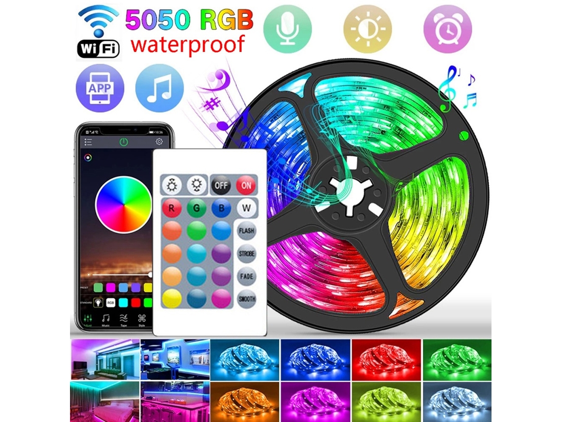 Cordão Led Rgb Smd 5050 5 M Bluetooth Com Comando Autoadesiva Impermeável Para Quarto E Setup - Lurelia