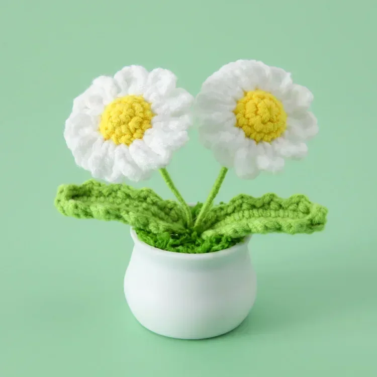 (branco) Flor De Margarida Fofa Em Crochê, Planta Em Vaso, Flor Tecida, Flor Artificial Criativa Feita À Mão