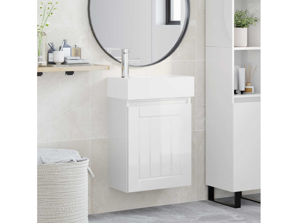 Vidaxl Conjunto De Móveis De Banheiro Com Torneira Branco Brilhante