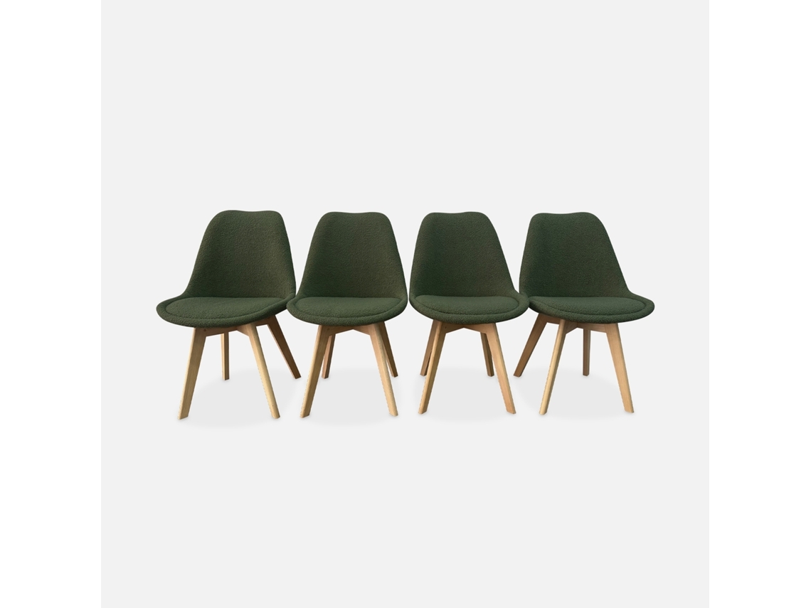 Cadeira Estilo Escandinavo Em Tecido Bouclé Com Pés Em Madeira, Set De 4, Caqui