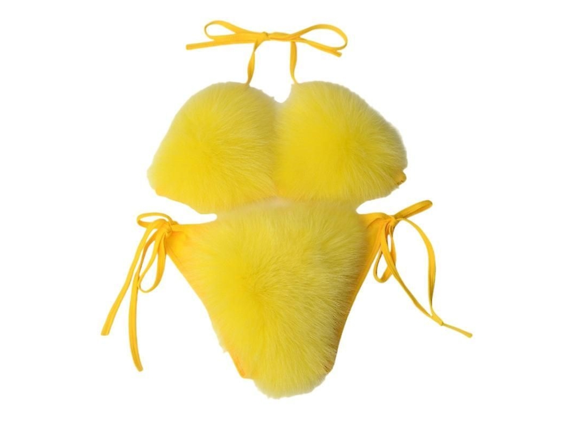Conjunto de Bikini de Faux Fur Halter Triangular de Duas Peças com Alças Ajustáveis para Mulheres Amarillo