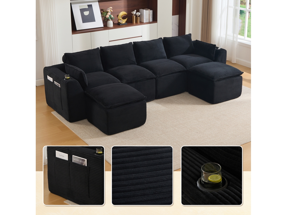 Sofá Modular De 4 Lugares Com Almofadas, Porta-copos, 2 Bolsos Laterais E Enchimento De Espuma E Molas