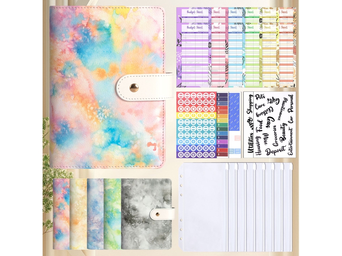 A6 Zipper Binder With Pu Leather, Oil Painting Creative Journal, Cash Budget Notebook Tie Dye Pink Cover + Cards 12 Bill