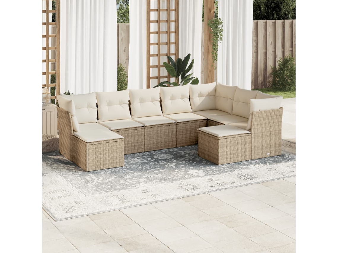 Vidaxl 9 Pcs Conjunto De Sofás P/ Jardim Com Almofadões Vime Pe Bege