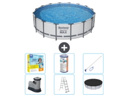Piscina BESTWAY Round Steel Pro Max 488 X 122 Cm Cinza Incluindo Bomba Escada Cobertura Pacote de Manutenção Filtro Kit de Limpeza