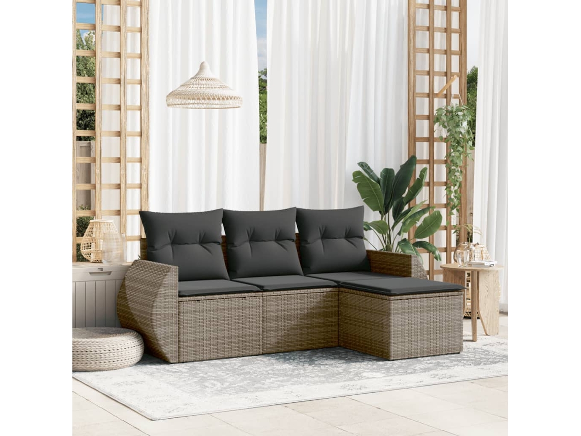 Vidaxl 4 Pcs Conjunto Sofás De Jardim C/ Almofadões Vime Pe Cinzento