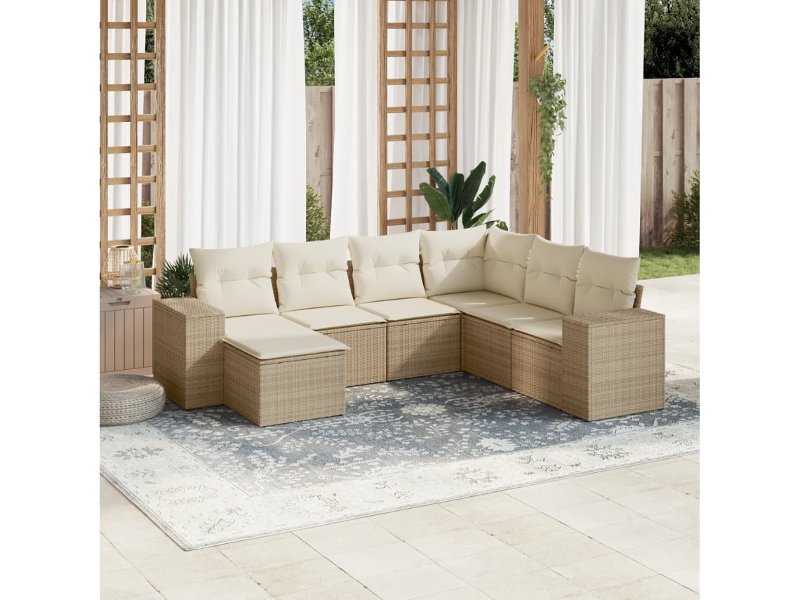 Vidaxl 7 Pcs Conjunto De Sofás P/ Jardim Com Almofadões Vime Pe Bege