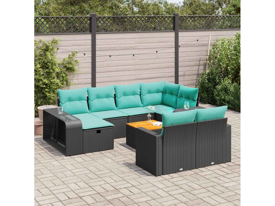 Vidaxl 11 Pcs Conjunto Sofás De Jardim C/ Almofadões Vime Pe Preto