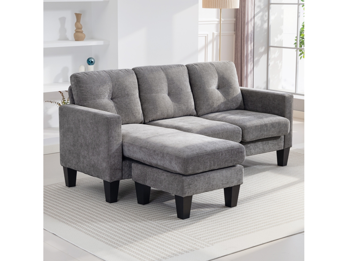 Sofá Chaise Longue Poltrona Em Forma De L Estofado Poliéster Canto Reversível 186x130x84 Cm Cinzento Escuro