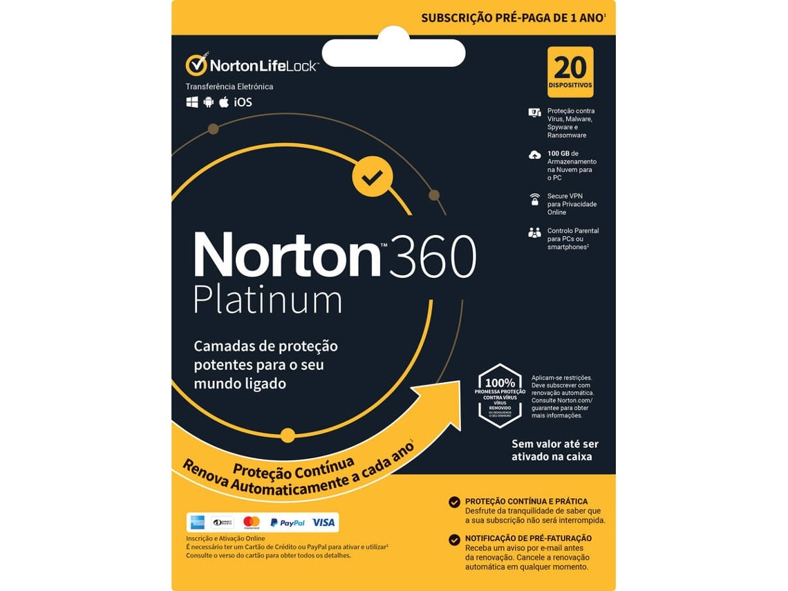 Software NORTON 360 Platinum ESD 100GB (20 Dispositivos - 1 Ano - Smartphone, PC e Tablet - Formato Digital)