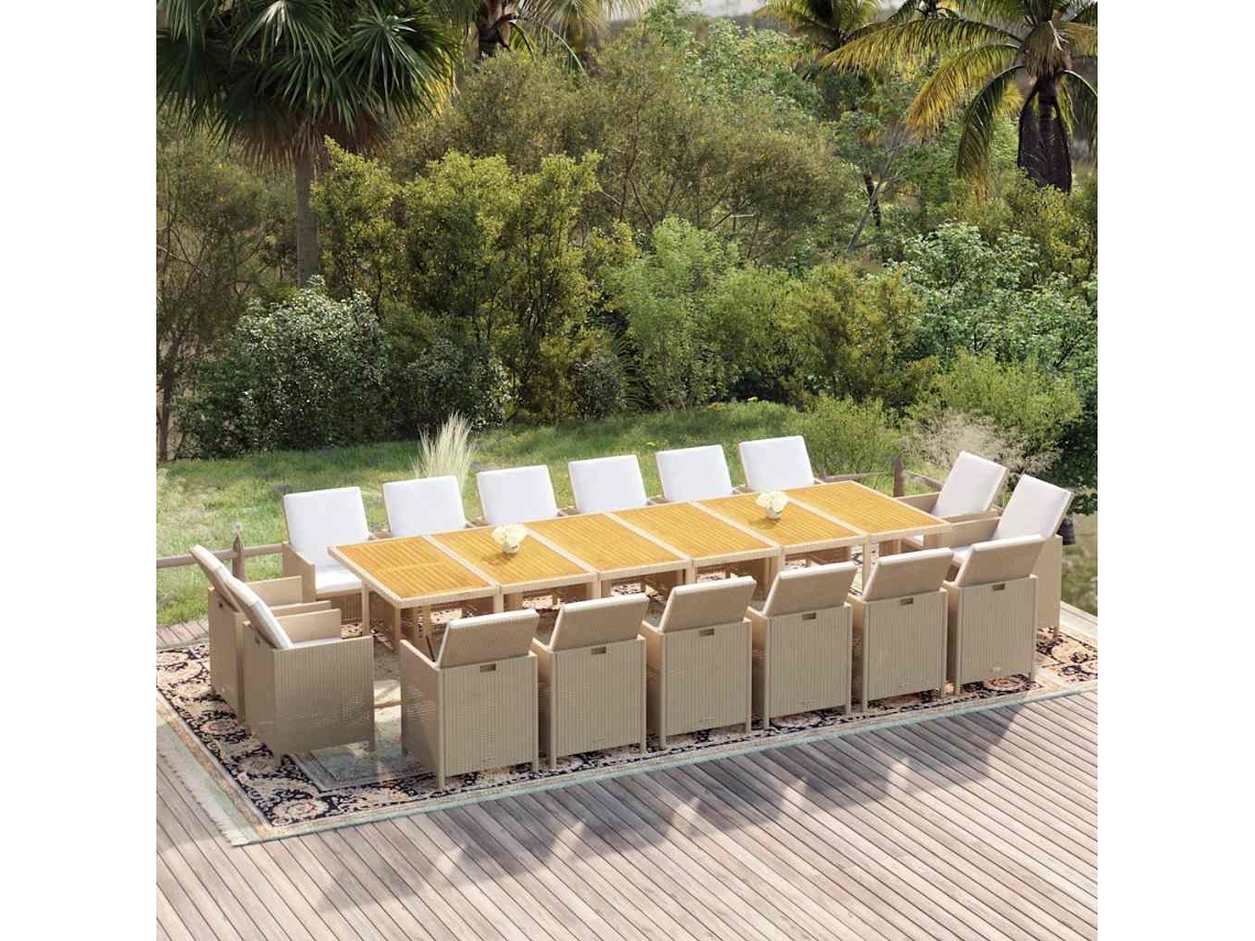 Vidaxl 17 Pcs Conjunto Jantar P/ Jardim C/ Almofadões Vime Pe Bege