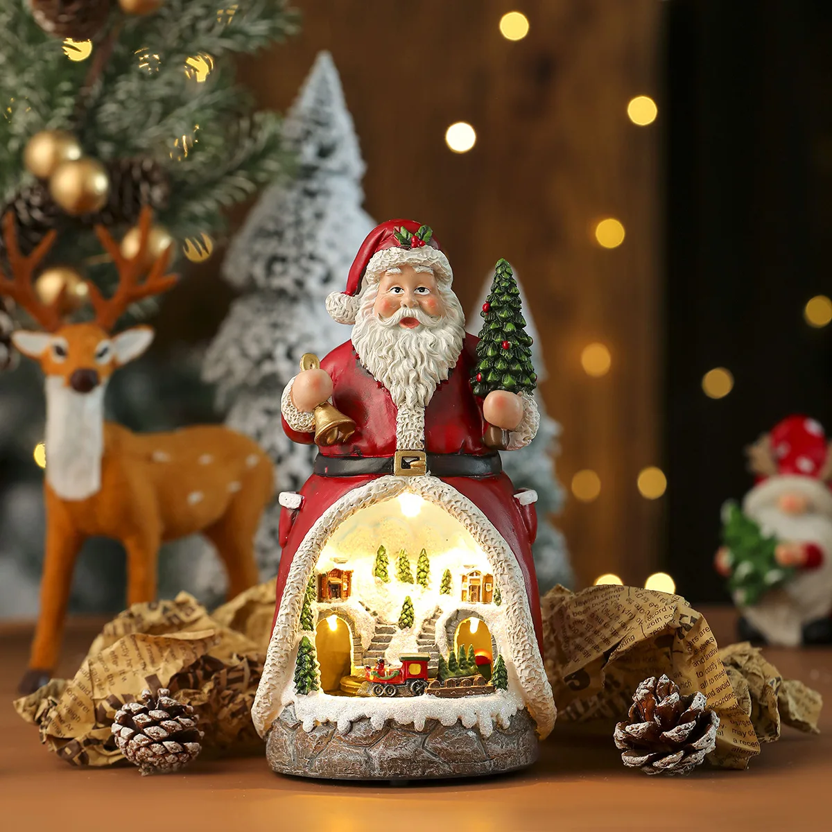 Caixa de Música Decorativa Giratória de Natal em Resina com Luzes Led Multifuncional e Requintada MDUG (papai Noel)
