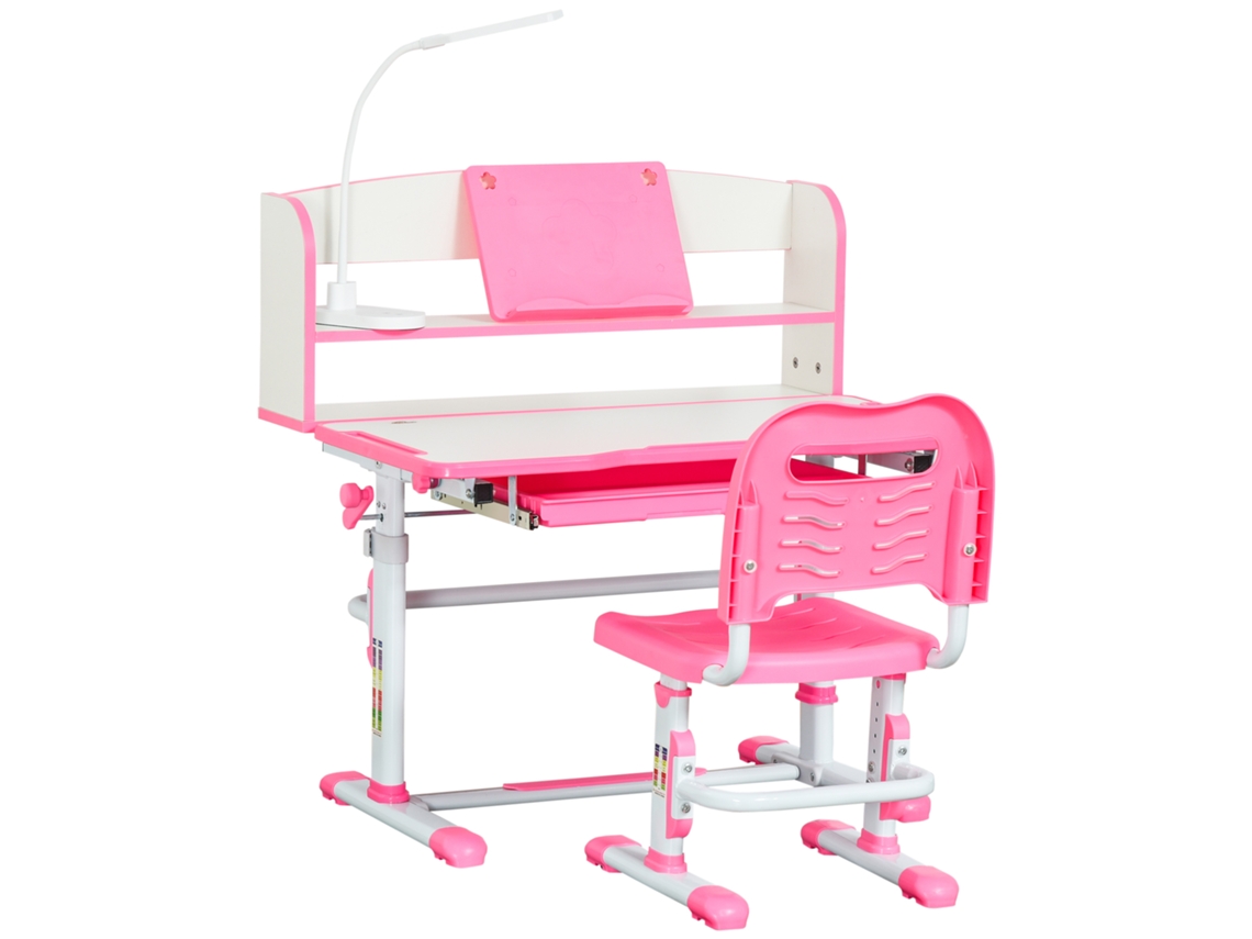 Mesa de estudo infantil ajustável 6-12 anos com luz LED suporte para livros e porta lápis em MDF, PP e aço rosa | S/MARCA