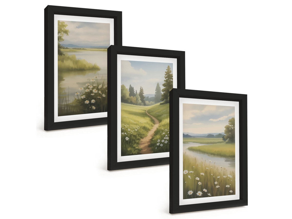 Composição De Quadros Na Paredepaisagem De Primavera, Rio E Prado Moldura Preta Quadros Para A Sala De Estar Espelharte (3 Peças 20x30 Cm)