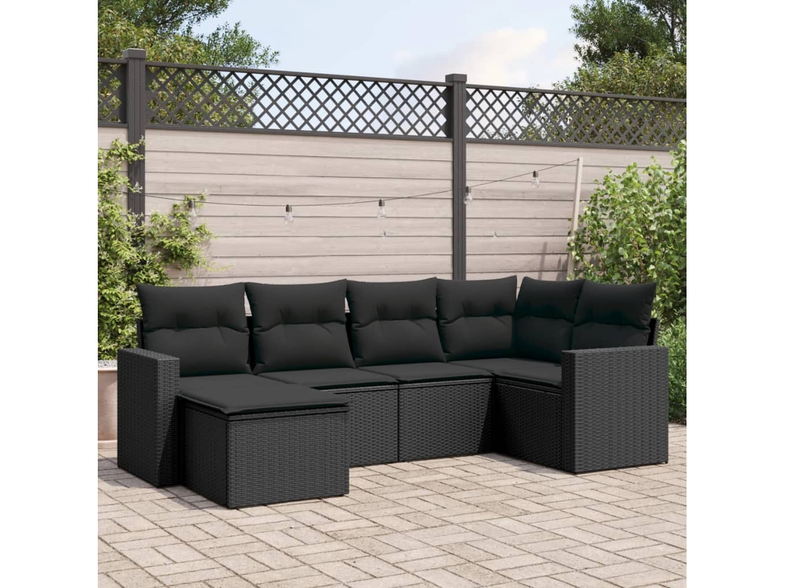 Vidaxl 6 Pcs Conjunto Sofás De Jardim C/ Almofadões Vime Pe Preto
