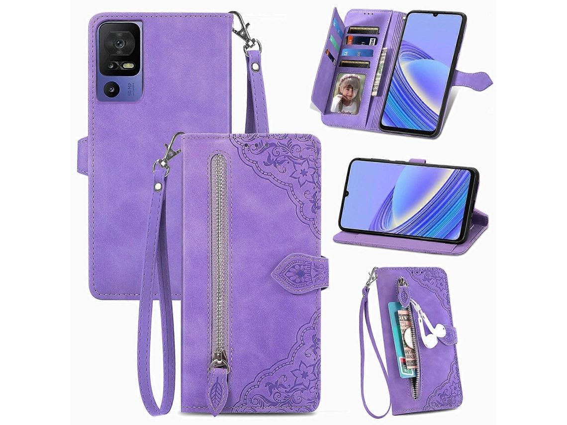 Capa De Couro Com Zíper E Flor Em Relevo Para Tcl 40 Se