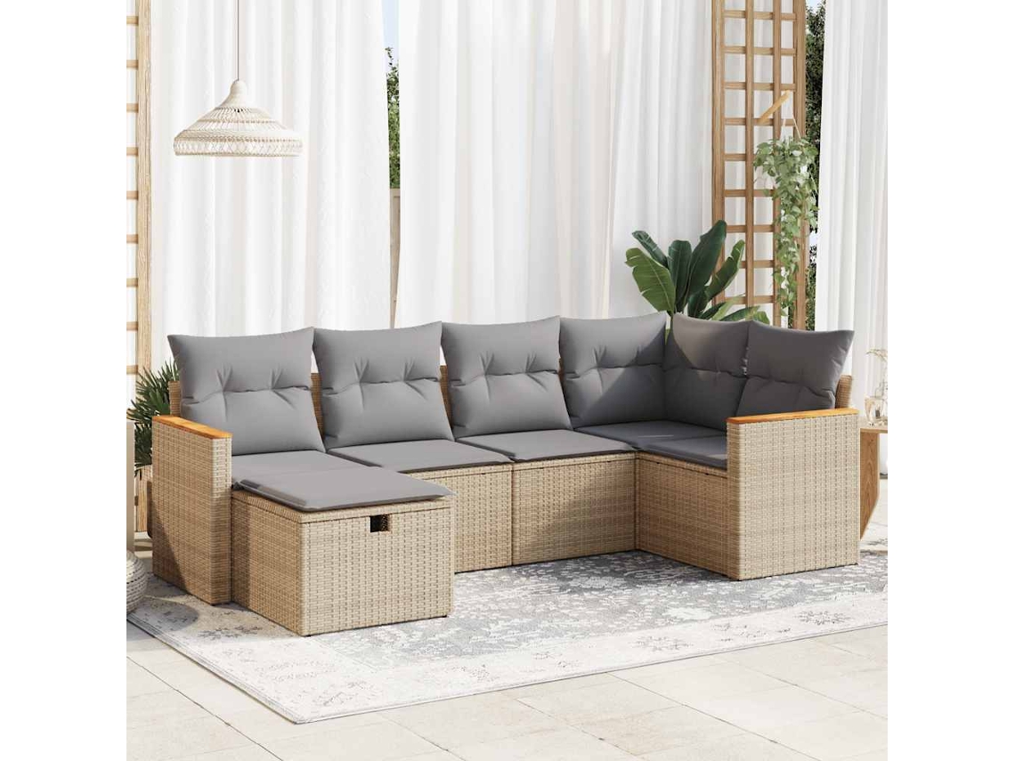 Vidaxl 6 Pcs Conjunto De Sofás P/ Jardim Com Almofadões Vime Pe Bege