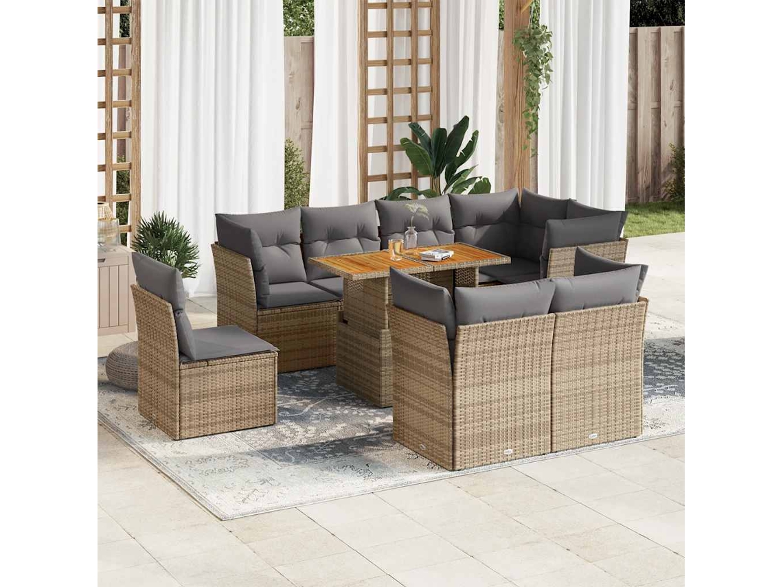 Vidaxl 9 Pcs Conjunto De Sofás P/ Jardim Com Almofadões Vime Pe Bege