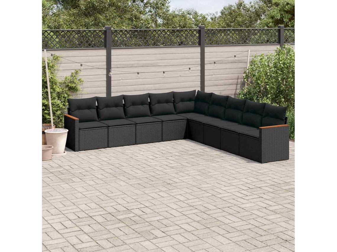 Vidaxl 9 Pcs Conjunto De Sofás P/ Jardim C/ Almofadões Vime Pe Preto