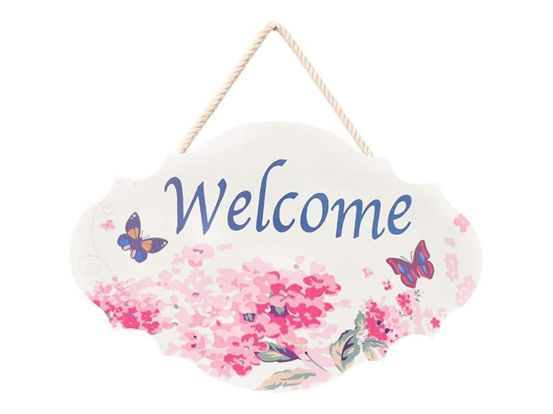 Placa de Madeira Nova Line com Padrão de Flores, Decorativa, Boas-vindas