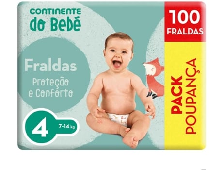 Fraldas Proteção e Conforto 7-14kg T4 CONTINENTE DO BEBÉ emb. 100 un