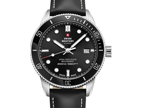 Relógio masculino preto couro real quartzo mergulhador sm34088.04 SWISS MILITARY BY CHRONO