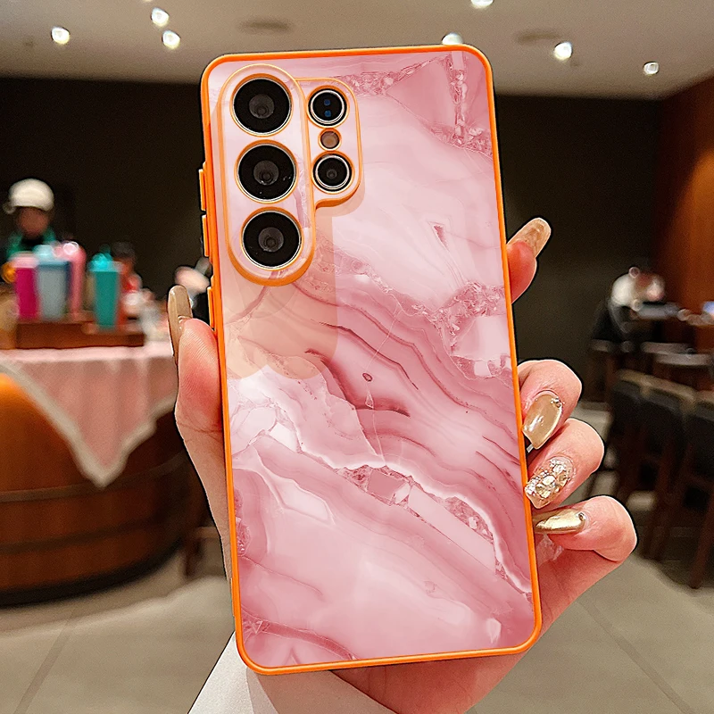 Capa Magnética Laranja Para Celular Samsung Galaxy S26 Edge Com Estampa De Mármore.