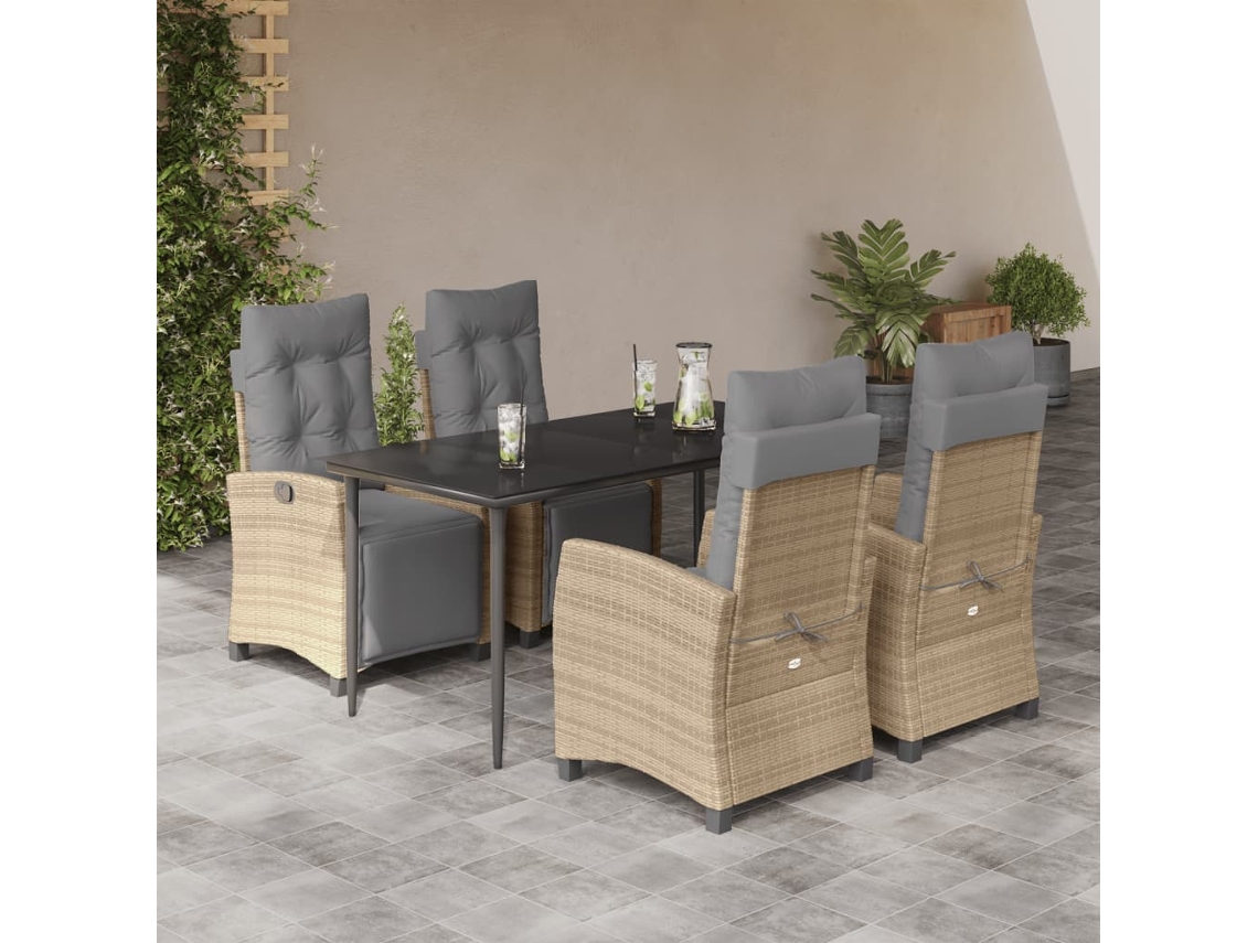 Vidaxl 5pcs Conj. Jantar Jardim C/ Almofadões Vime Pe Bege Misturado