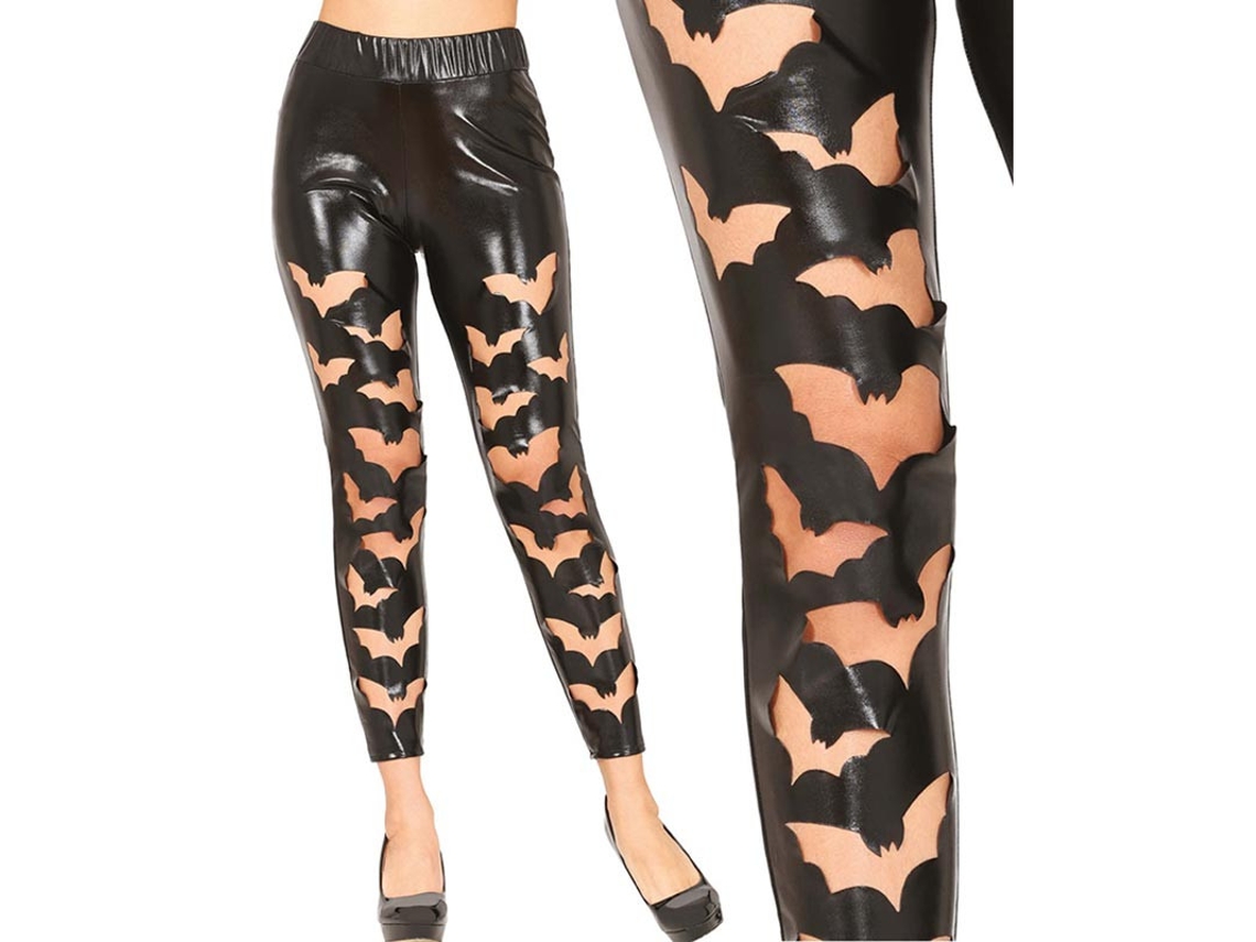 Leggings pretas de couro sintético Bats para mulheres