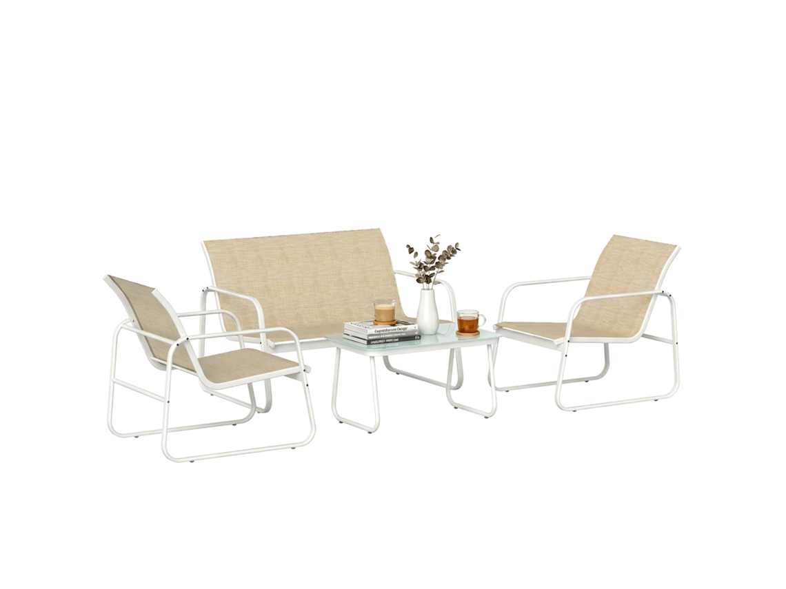 Conjunto de Jardim PRIME KANG com sofá, 2 poltronas, mesa de centro, cáqui e branco