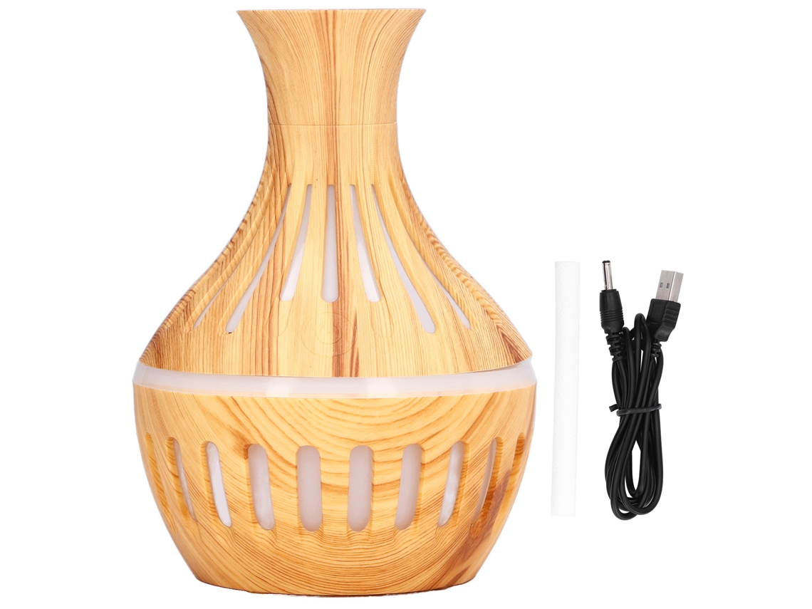 Umidificador Aromaterapia 300ml Usb Grão de Madeira Luz Led 7 Cores 5v 1a Silencioso