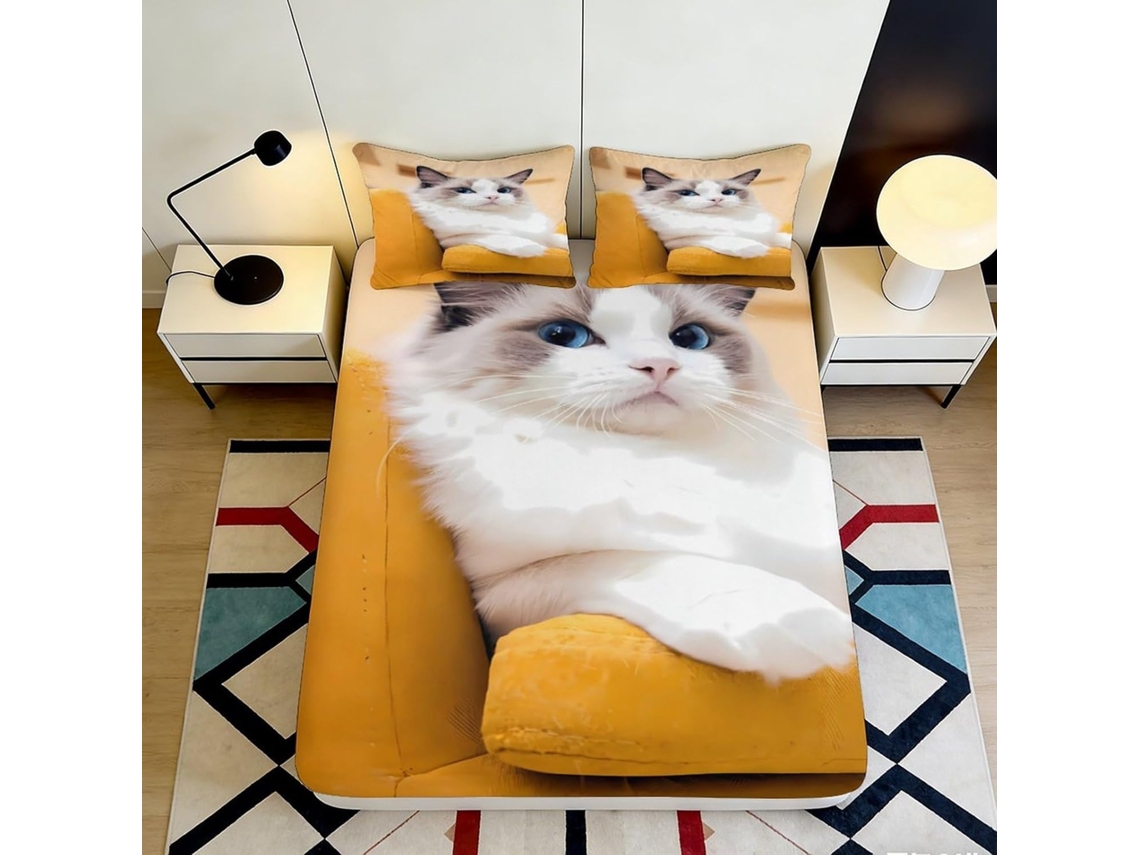 Conjunto de Cama com Estampa 3d Gato em Microfibra Fronha 200x25cm