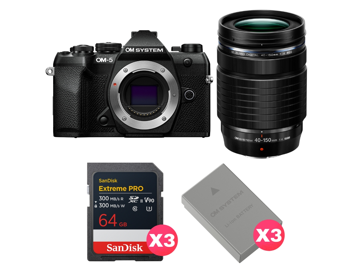 Om 5 Mark Ii Preto + 40 150mm F/4 Pro + 3 Sandisk 64gb Extreme Pro Uhs ii Sdxc + 3 Om System Bls 50 + Ebook Pricedirect OM SYSTEM