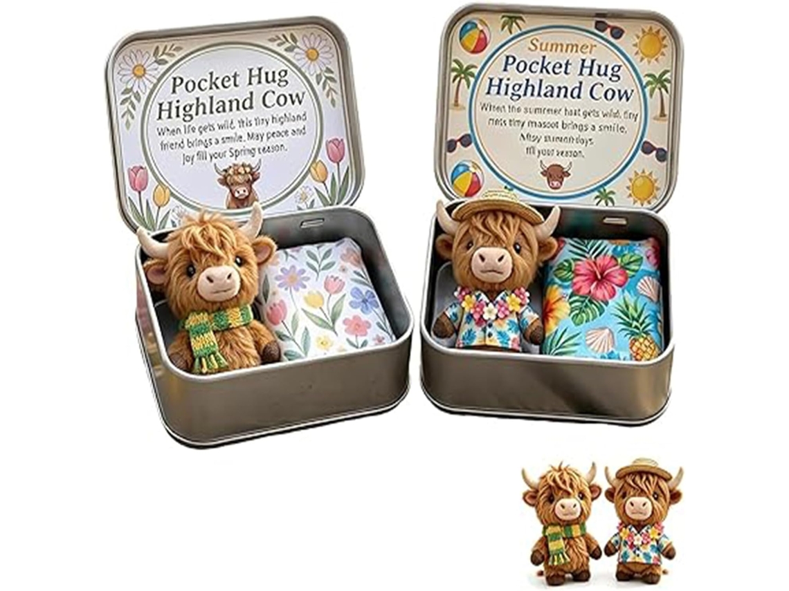 Conjunto Presente Vaca Pocket Hug Highland, Mini Pelúcia Vaca Com