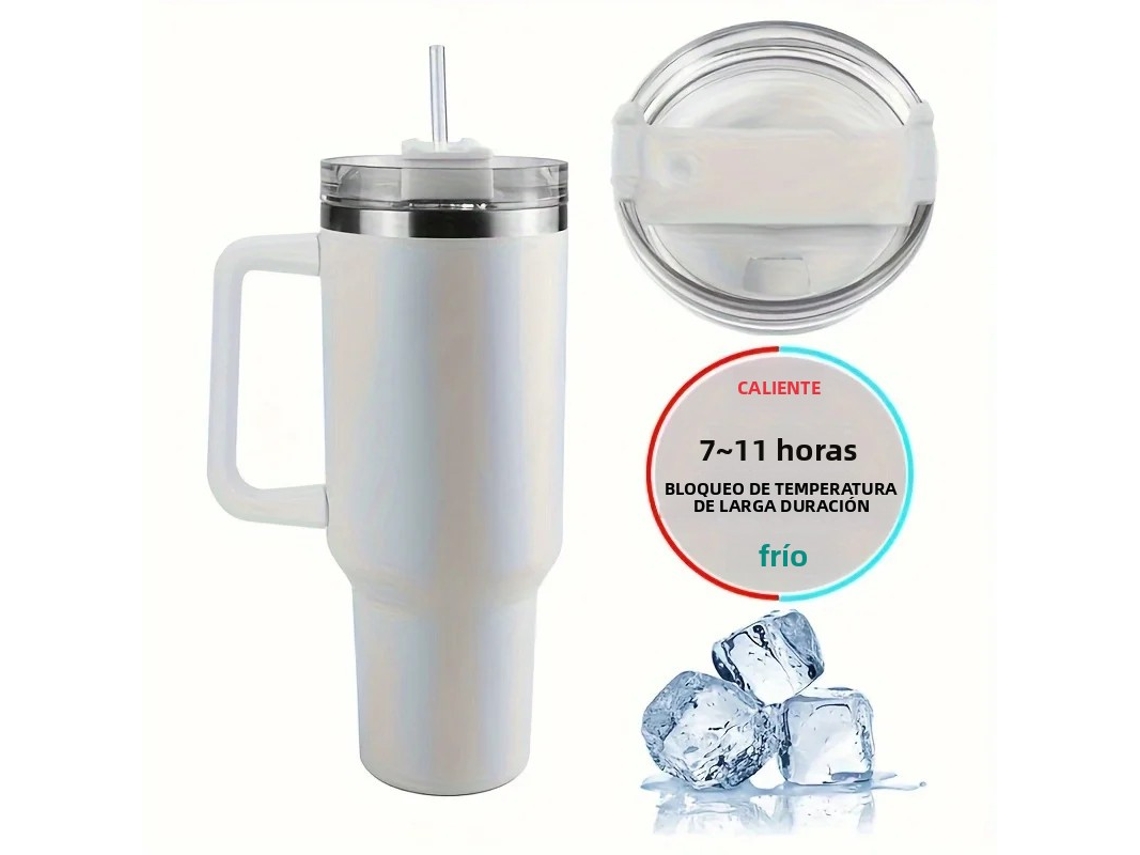 Caneca Térmica De Viagem (branca) De 1,18 Litro Com Alça E Tampa Para Canudo, Aço Inoxidável Duplo.