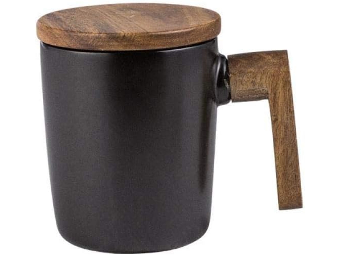 Caneca Dupla Em Cerâmica Com Tampa, Ideal Para Utilização No Escritório E Em Casa - Preta
