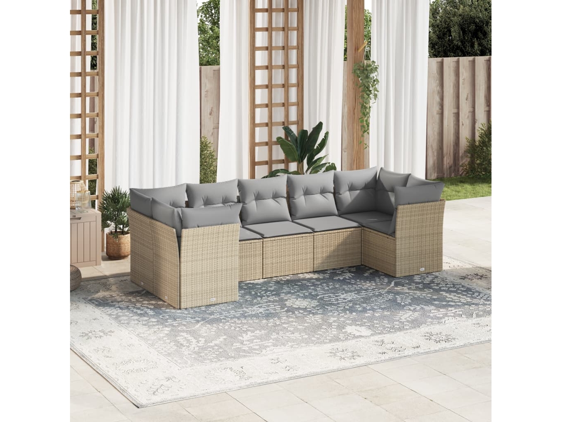 Vidaxl 7 Pcs Conjunto De Sofás P/ Jardim Com Almofadões Vime Pe Bege