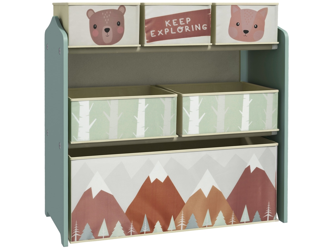Prateleira porta brinquedos infantil com 6 caixas de tecido removíveis, 63x30x66 cm verde BTFORUS