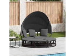 Vidaxl Cama Lounge De Exterior C/ Toldo E Almofadões Vime Pe Preto
