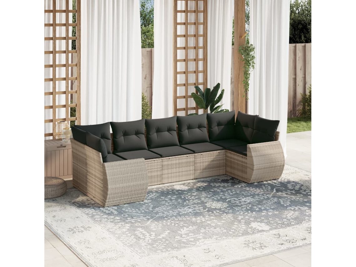 Vidaxl 7 Pcs Conj. Sofás Jardim Com Almofadões Vime Pe Cinzento-claro