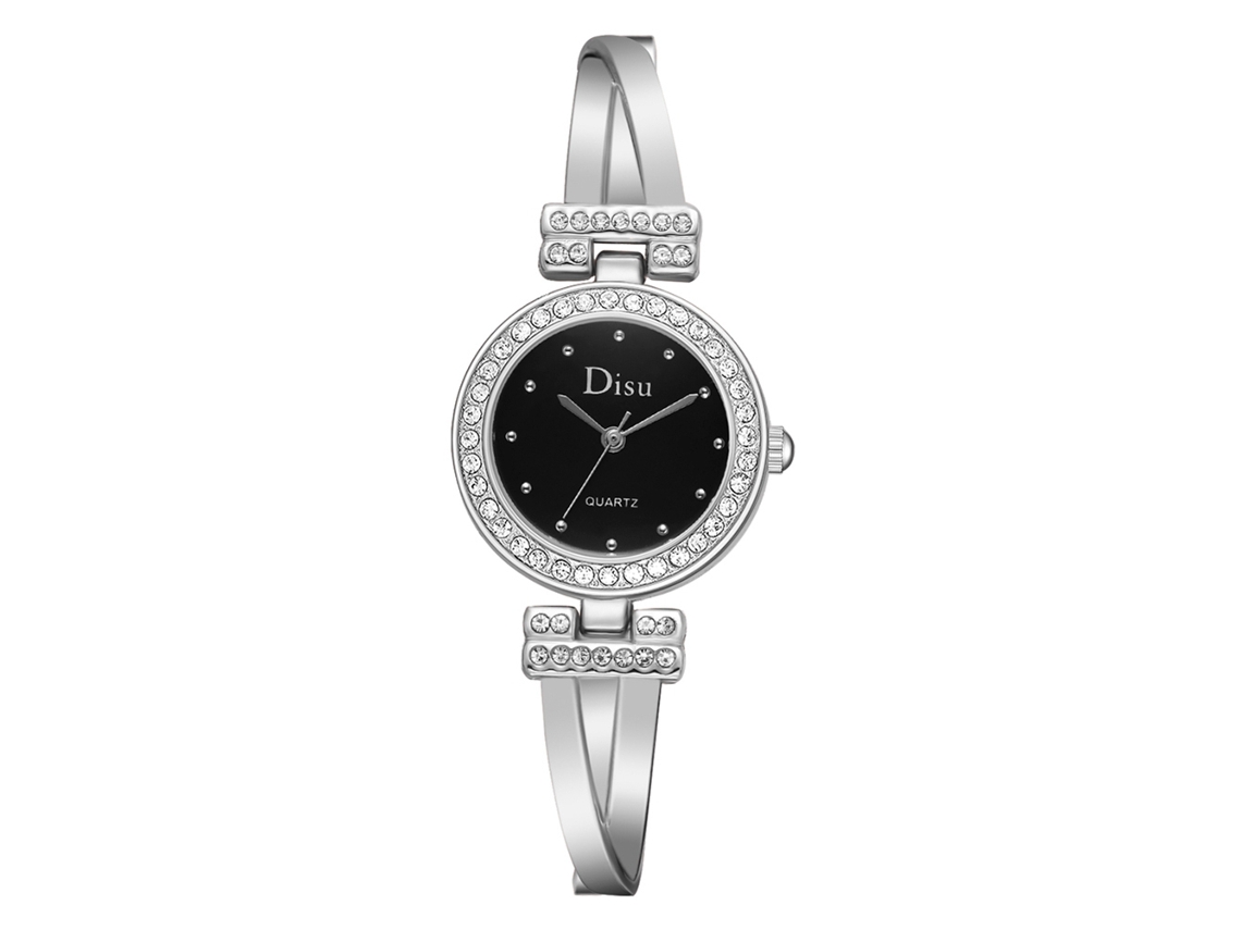 Relógio de Pulso Disu Feminino Quartzo Pulseira com Strass Estilo Moderno Prata Preto