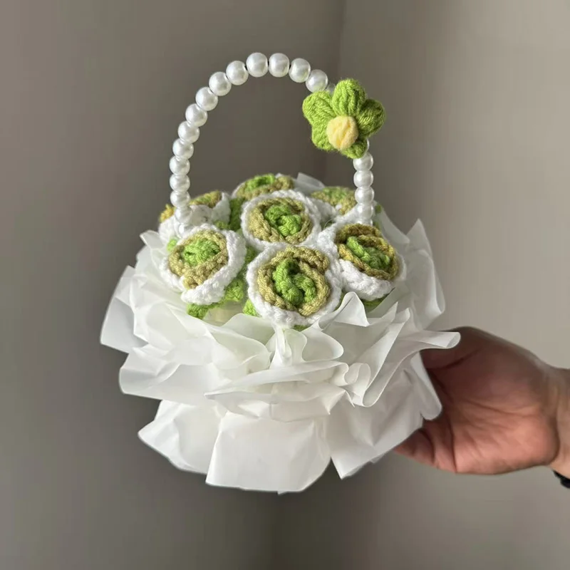 Cesta de Flores de Crochê para Decoração, Buquê Artificial Tricotado, Presente para o Dia Dos Namorados MDUG