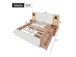 Cama De Casal Em Madeira 160x200cm Com 2 Gavetas, Cabeceira Com Luz De Leitura E Usb, Inclui 2 Mesinhas, Estrutura E Suporte Btforus (sem Colchão)