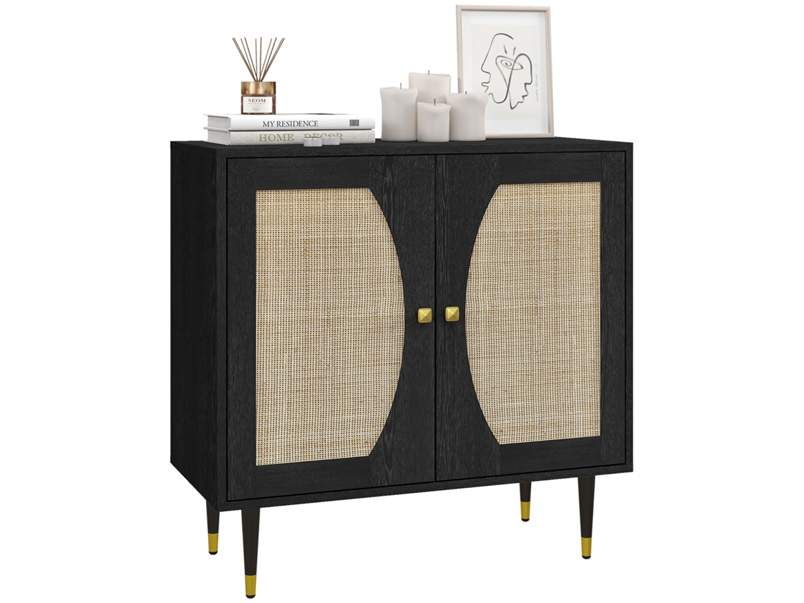 Buffet de Cozinha Design Boho com Armário Duplo,2 Níveis,porta em Rattan,preto 80x38x79cm BTFORUS