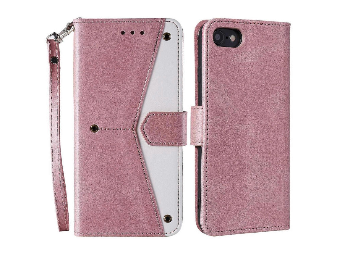 Capa De Couro Com Costura E Alça De Pulso Para Iphone 16e - Ouro Rosa