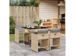 Vidaxl 5pcs Conj. Jantar Jardim C/ Almofadões Vime Pe Bege Misturado