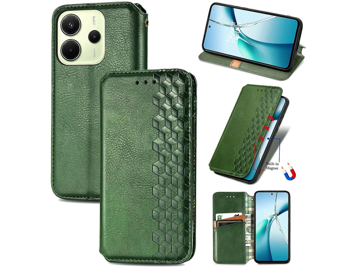 Capa Tipo Carteira De Couro Sintético Com Estampa De Losango Para Xiaomi Redmi Note 14 4g (163,25 X 76,55 X 8,16 Mm) - Verde
