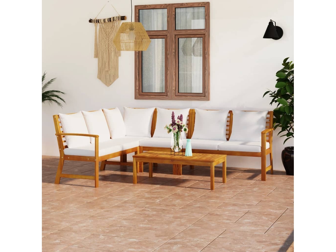 Vidaxl 5 Pcs Conj. Lounge Jardim C/ Almofadões Cor Creme Acácia Maciça